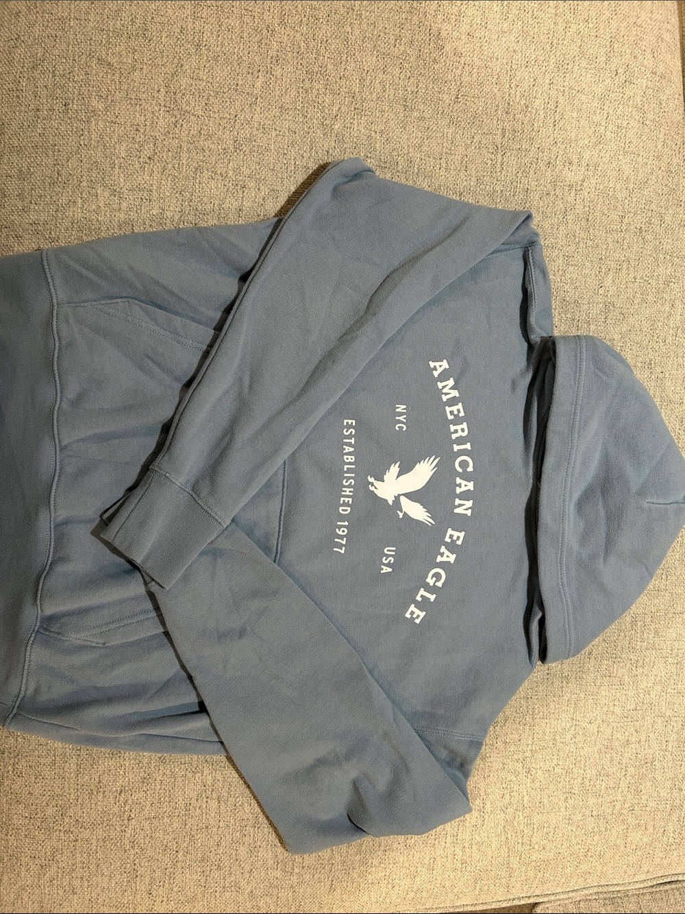 American Eagle Outfitters Men's Slate Blue Zip-Up Hoodie with Logo